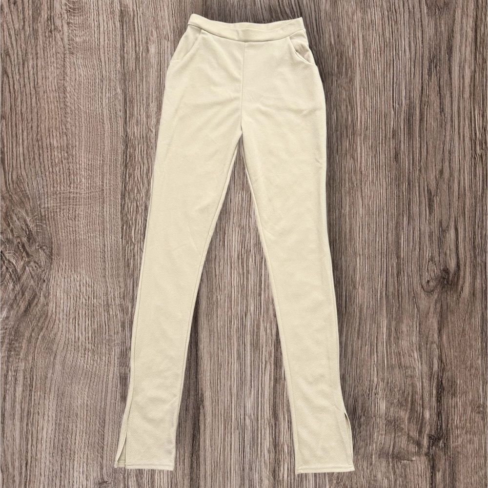 PrettyLittleThing Beige Slim Leggings Slit Hem High Waist Pants 8